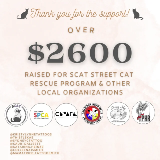 A huge thanks to all who participated in our SCAT fundraiser day and our Winter Warm Up fundraiser this December! Together we raised over $2,600 to be donated! A special thanks to our talented artists, @kaur_daljeett, @kristylynnetattoos, @thistlekae, @sydneyctattoo, @colleenajsmith, and @katarina.heinze and our hardworking team behind the scenes at Mama Tried.⁠
⁠
Thank you so much to everyone that participated in these fundraisers, we couldn't have done it without you!