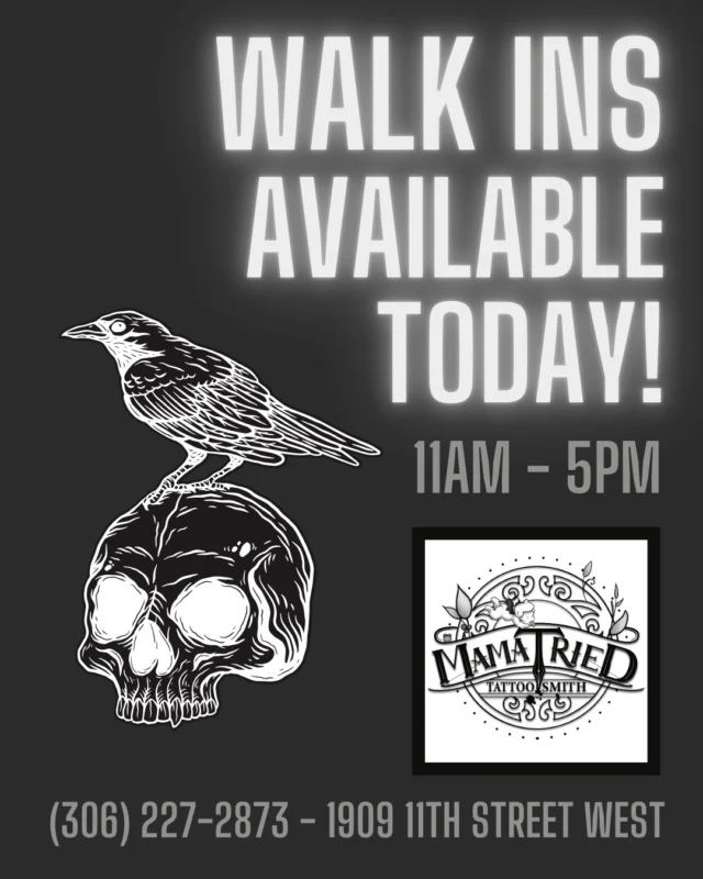 Itchin for some new ink?⁠
Come down to 1909 11th Street West and get some today!⁠
⁠
Walk ins available January 29th from 11am-5pm.⁠
⁠
#mamatriedyxe #mamatriedtattoosmith #saskatoontattoos #walkins ⁠
#yxe #yxelocal #yxetattoos #saskatoon #ink #inked