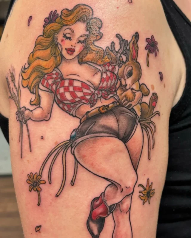 I had such a fun time designing and executing the perfect blend of Saskatchewan girl/ Dolly style pinup for Devaney! I especially love how she let me give her an adorable little jackelope that she can prance around in a cascade of daisies and black-eyed Susans. Devaney said that a pinup was twenty years in the making and I was so grateful she trusted me to manifest her in to existence! Enjoy your tattoo, Dev, it was such a pleasure!🌸✨🙏❤️ - @colleenajsmith⁠
⁠